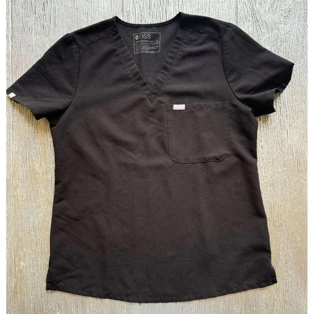 FIGS Technical Collection Black Scrub Top Size M V Neck Chest Pocket Medical